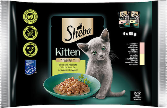 Sheba Kitten Mix Υγρή Τροφή για Ανήλικες Γάτες σε Φακελάκι με Κοτόπουλο και Σολομό 4x85gr