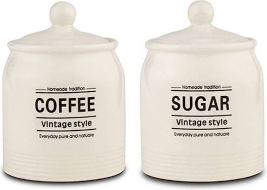 Nava Terrestrial Set of 2 Pieces Porcelain Coffee Sugar Tea Jars with Lid White 850ml