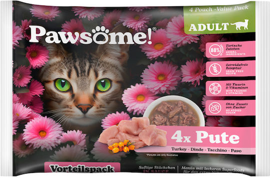 Pawsome Wet Food for Adult Cats in Pouches with Turkey and Meat 4x85gr