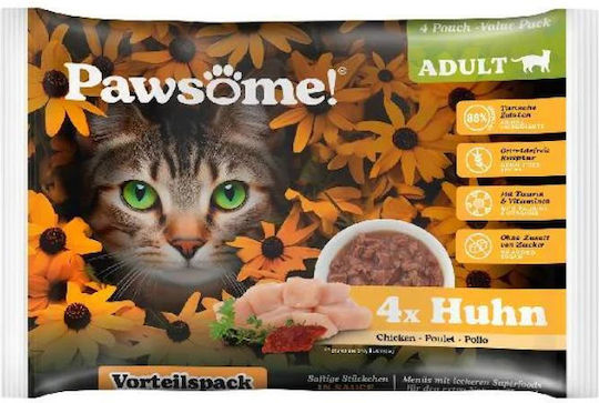 Pawsome Υγρή Τροφή για Ενήλικες Γάτες με Κοτόπουλο και Κρέας χωρίς Σιτηρά 4x85gr