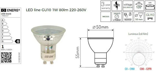 LED line Λάμπα LED 1W για Ντουί GU10 Θερμό Λευκό 80lm
