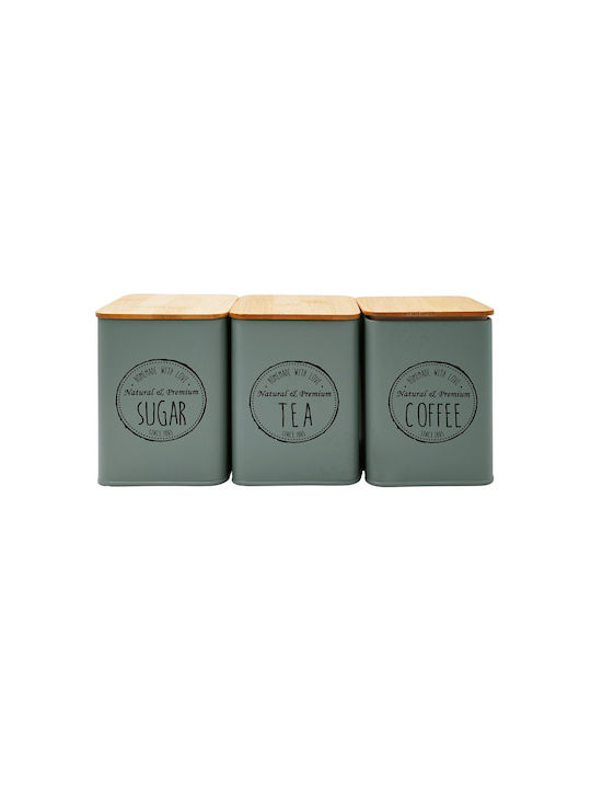 Sidirela Set of 3pcs Jars for Coffee / Sugar / Tea with Lid Metallic Olive 10x10x13cm