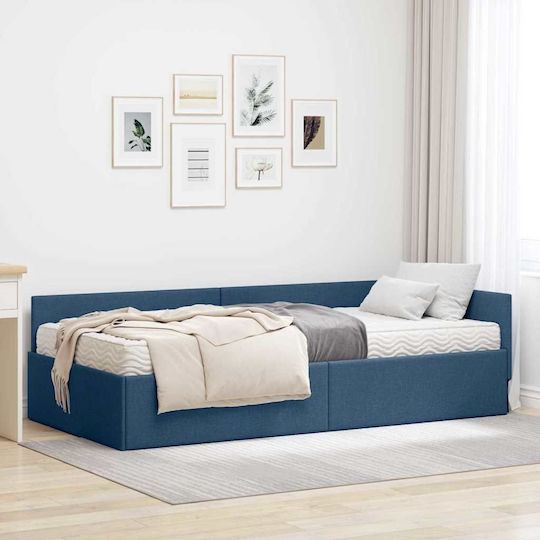 Pat Single Tapițat cu Material Albastru cu Plăci Potrivit pentru Saltea 90x190cm