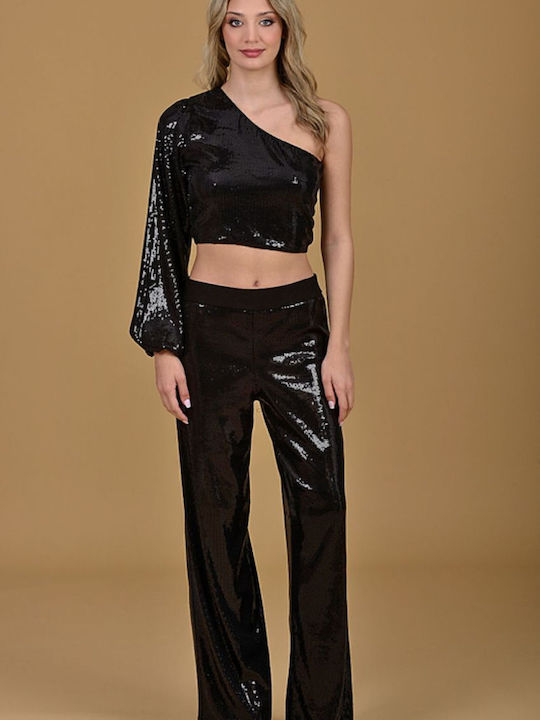 Damen Stoff Hose Black mit Pailletten