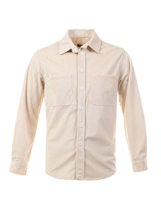 Μακρυμάνικo Κοτλέ Overshirt σε Στενή Γραμμή Λευκό