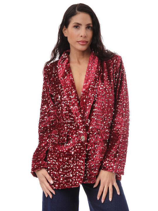 Silia D Women's Velvet Blazer Burgundy with Seq...