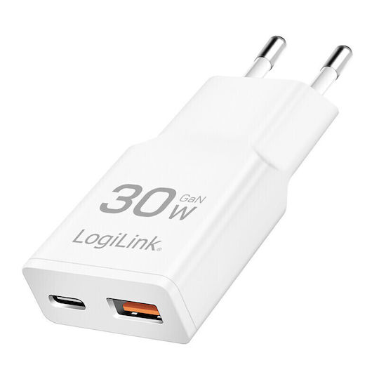 LogiLink Charger Without Cable GaN with USB-A Port and USB-C Port 30W Power Delivery Blacks (PA0348)