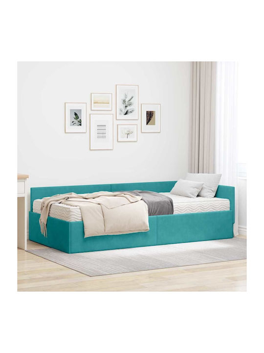 Pat Single Tapițat cu Catifea Turcoaz cu Plăci și Saltea 100x200cm