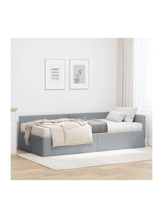 Pat Single Tapițat cu Material Gri Deschis cu Plăci și Saltea 100x200cm