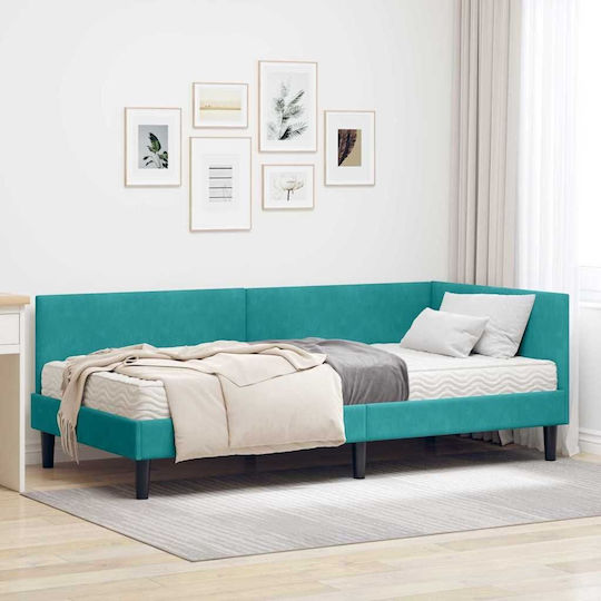 Single Upholstered Bed with Velvet Turquoise with Slats & Mattress 80x200cm