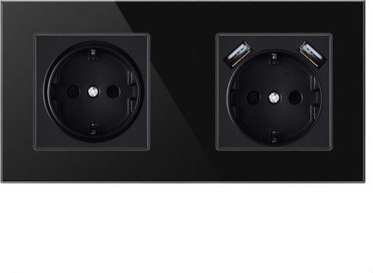 Priză Crystal Tsu2 Dublă 2 X Usb 2.1 A Negru Onyx Sticlă Temperată 16a