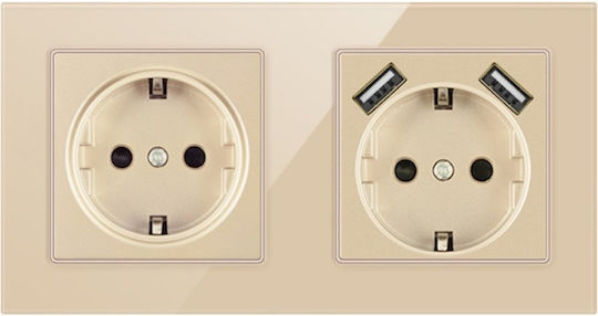 Двоен Стенен Контакт 2 Usb Порта Стъклен Панел Ts-g 110-250v 16a Огнеупорен 80x151mm Златист