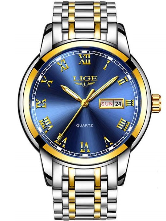Lige Men's Watch 42mm Battery with Silver Metal Bracelet