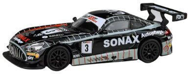 Machetă Auto Mercedes-Benz AMG GT3 Gulf 12h Ram Racing Sonax Negru Alb 1:64 Para64