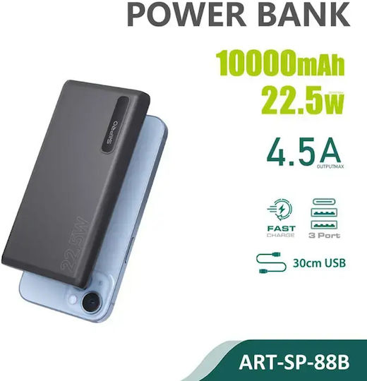SiiPro SP-88B Power Bank 10000mAh 22.5W με 2 Θύρες USB-A και Θύρα USB-C Power Delivery Μαύρο