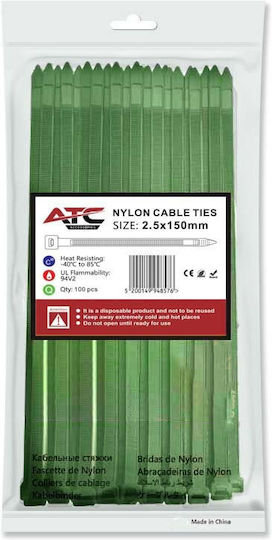 ATC Plastic Cable Ties 150mmx2.5mm In Green Colour 100 Pieces 20.007.0008