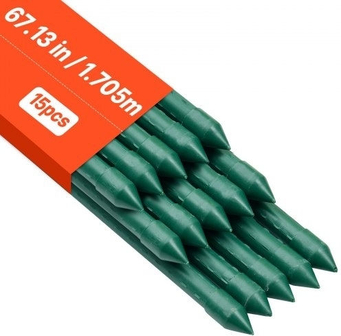 Vevor Garden Stakes 15 Pieces 1705 Mm Metal Tomato Stakes Plastic Coating Garden Rods Plant Support Sharp Tip Non-Slip Bumps Climbing Plants Vegetables Outdoor