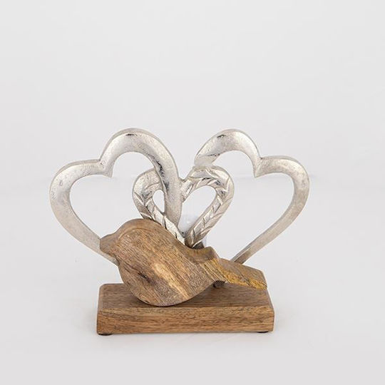 Decorative Hearts & Wooden Bird Wood-Metal Silver Natural 23x5x17cm Pack 3 Pieces