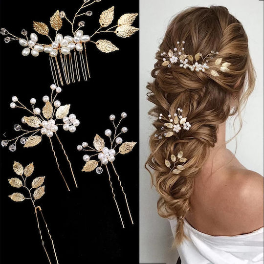 Set of 4 Hairpins Bridal Hair Comb Gold Pearls Tamta