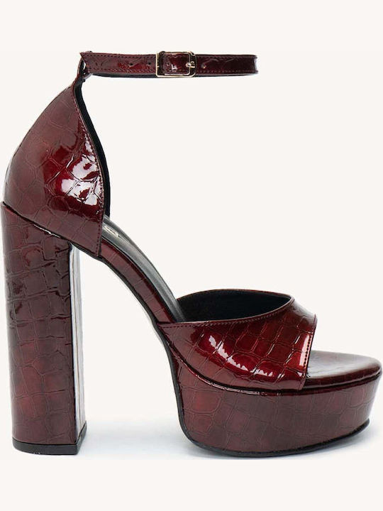 Bordeaux Damen Sandalen Lackleder Kroko Flache