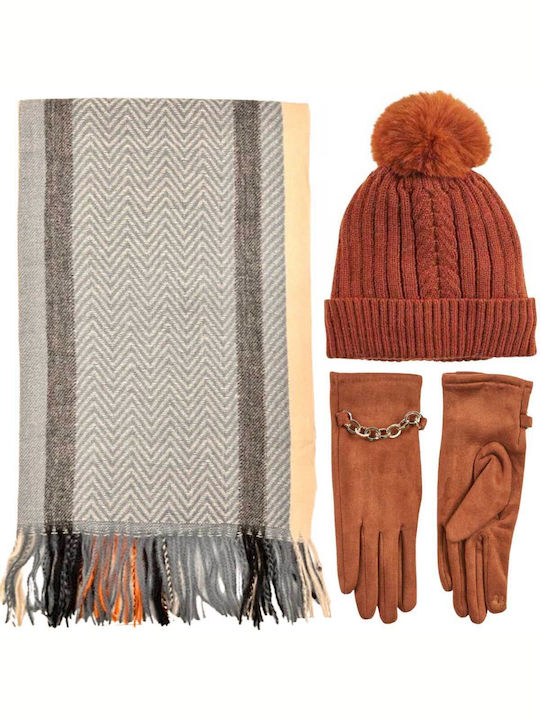Frauen Set mit Beanie Gestrickt in Braun Farbe