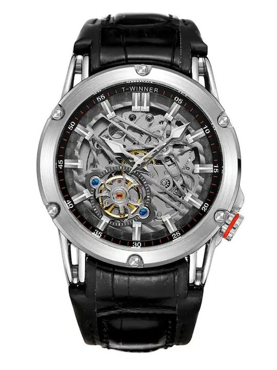 Ceas De Mână T-winner Ceas Barbatesc 44.6mm Automat Cu Curea Din Piele Neagră