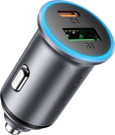 Acefast Auto-Ladegerät 65W Schnellladung mit Anschlüssen: 1xUSB 1xType-C mit Kabel Typ-C,TC-TC Gray Farbe