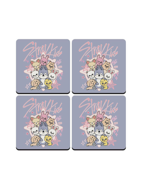 Stray Kids Pink Σετ 4 Σουβέρ Ξύλινα Τετράγωνα 9cm