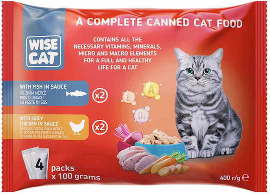 Wise Cat Wet Food for Adult Cats in Pouches with Fish, Chicken and Meat 4x100gr