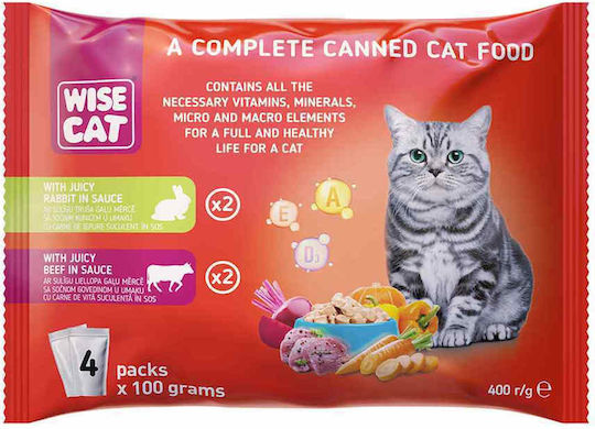 Wise Cat Wet Food for Adult Cats in Pouches with Rabbit, Beef, Meat, Chicken and Fish 4x100gr