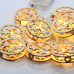 Wooden Christmas Motifs Round Star 10 LED String Battery 3xAA with Timer 6on/18off