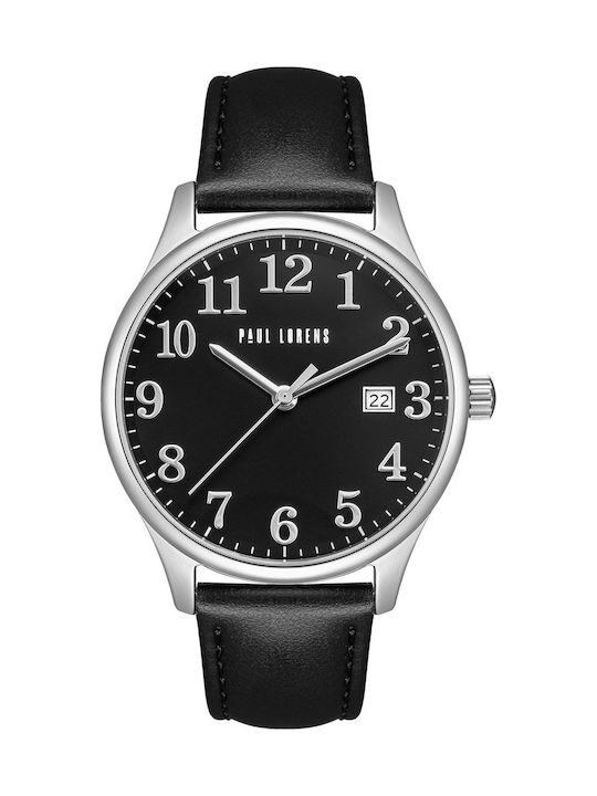 Paul Lorens Мъжки Часовник 41mm На Батерия с Черна Кожена Каишка