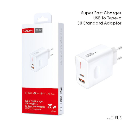 Tranyoo Ladegerät ohne Kabel mit USB-A Anschluss und USB-C Anschluss 25W Stromlieferung Weißs (T-EU6)
