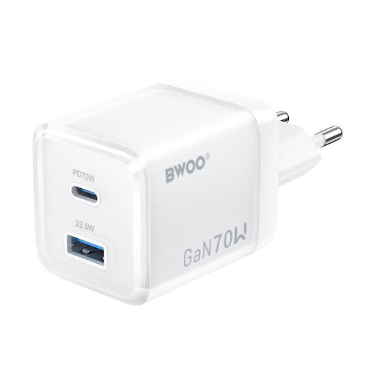 BWOO Зарядно с вграден кабел GaN с USB-A порт и USB-C порт 70W Power Delivery Бял (CDA224)