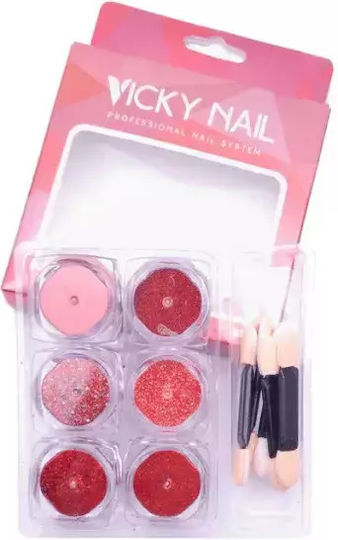 Vicky Nail Διακοσμητική Σκόνη Glitter Νυχιών Κόκκινη 6 Τμχ X 0,8γρ & 6 X Διπλά Πινελάκια Εφαρμογής