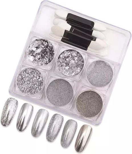 Vicky Nail Dekopulver Glitter Nageldesign Silber 6 Stück X 0,8g & 6 X Doppel Pinsel Anwendungs