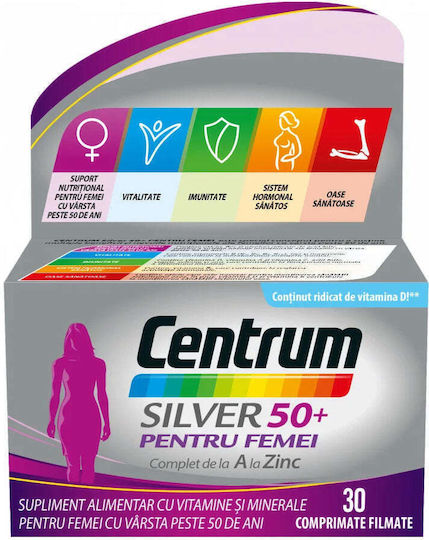 Centrum Women Vitamina pentru Întărirea Sistemului Imunitar, Pielea & Acțiune Antioxidantă potrivit pentru adulți 50+ 30 Tablete