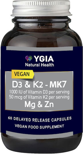 Ygia Vegan Vitamin D3 1,000 Iu K2 Mk7 50mcg Magnesium Glycinate Zinc Picolinate 60 Delayed Release Capsules
