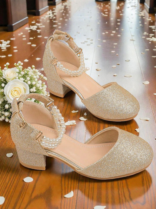 Kids Leather Ballerinas with Adjustable Metal Clasp Gold