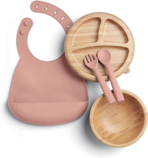 Mamas & Papas Комплект за хранене от бамбук с неплъзгаща се основа, розов, 5 части