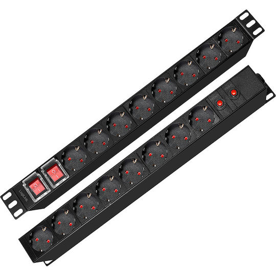 LogiLink Pdu 1u 19 Inch Rack 16 Prize Schuko Intrare Schuko Max 16 A Aranjate 8 Schuko Față + 8 Schuko Spate On Off X 2 Protecție Suprasarcină 2 M Negru "pdu1601" 2 Lei Ștampilă Verde