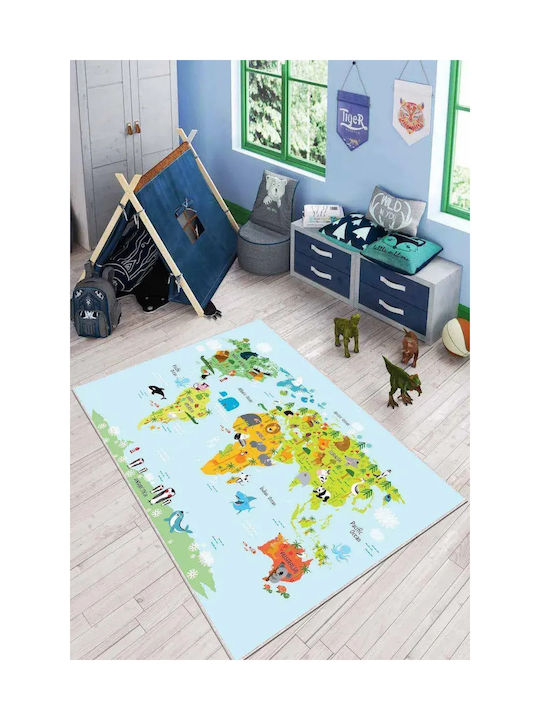 Kids Rug Educational World Map Light Blue 100cmx200cm