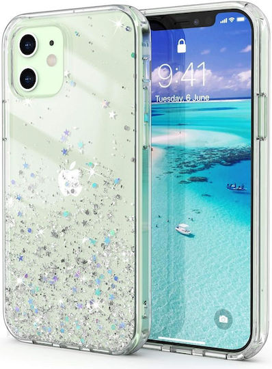 Jup Калъф #7402339-a 8865-23 iPhone 12/12 Pro Блестящи Сребърни Звезди Прозрачен TPU + PC 6.1" Пример