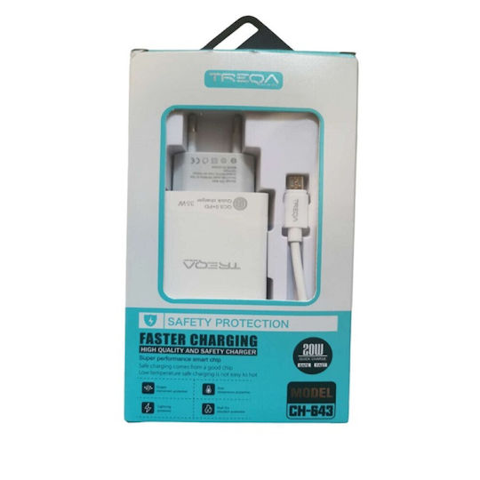 Treqa Ladegerät mit USB-A Anschluss und USB-C Anschluss und Kabel Micro-USB 20W Stromlieferung Weißs (CH-643)