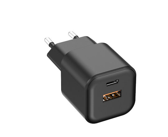 Setty Φορτιστής Χωρίς Καλώδιο GaN με Θύρα USB-A και Θύρα USB-C 20W Power Delivery Μαύρος (LSGaN-AC-201)