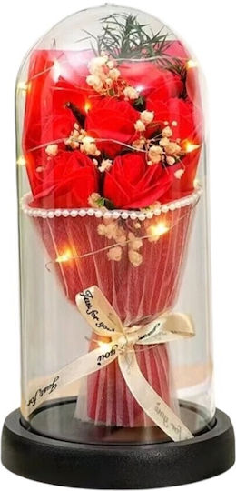 Trandafiri Conservați Cupolă Din Sticlă Led Buchet Roșu 21cm