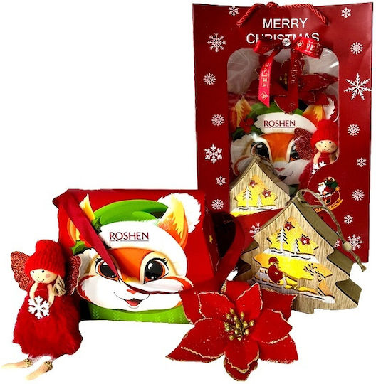 Pachet De Crăciun Geantă Cutie Dulciuri Roshen Figurină Luminoasă Din Lemn În Formă De Brad De Crăciun Înger De Plus Floare Decorativă În Cutie Cadou Roșie