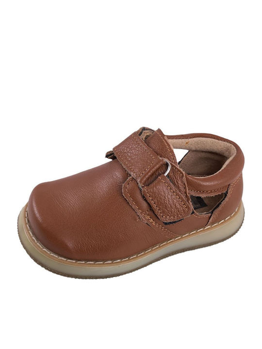 Kids Leather Ballerinas with Hoop & Loop Closure Brown