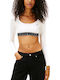 Women's Crop Top Cotton Long Sleeve Ecru-black