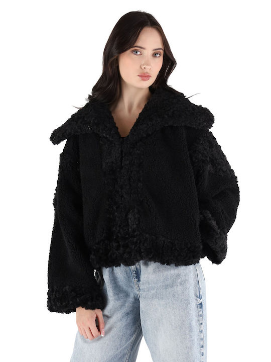 Women's Black Coat Oversized with Fur Details